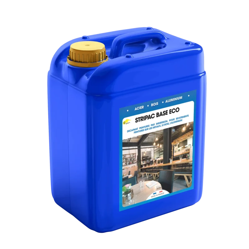Decapante por inmersión STRIPAC BASE ECO para acero, aluminio y madera. Elimina pinturas, barnices e imprimaciones de forma segura y eficaz en baño frío.