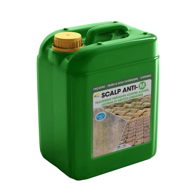 Tratamiento profesional SCALP ANTI-M: anti-depósitos verdes, fácil de aplicar, sin aclarado y compatible con drones, protege fachadas y tejados.