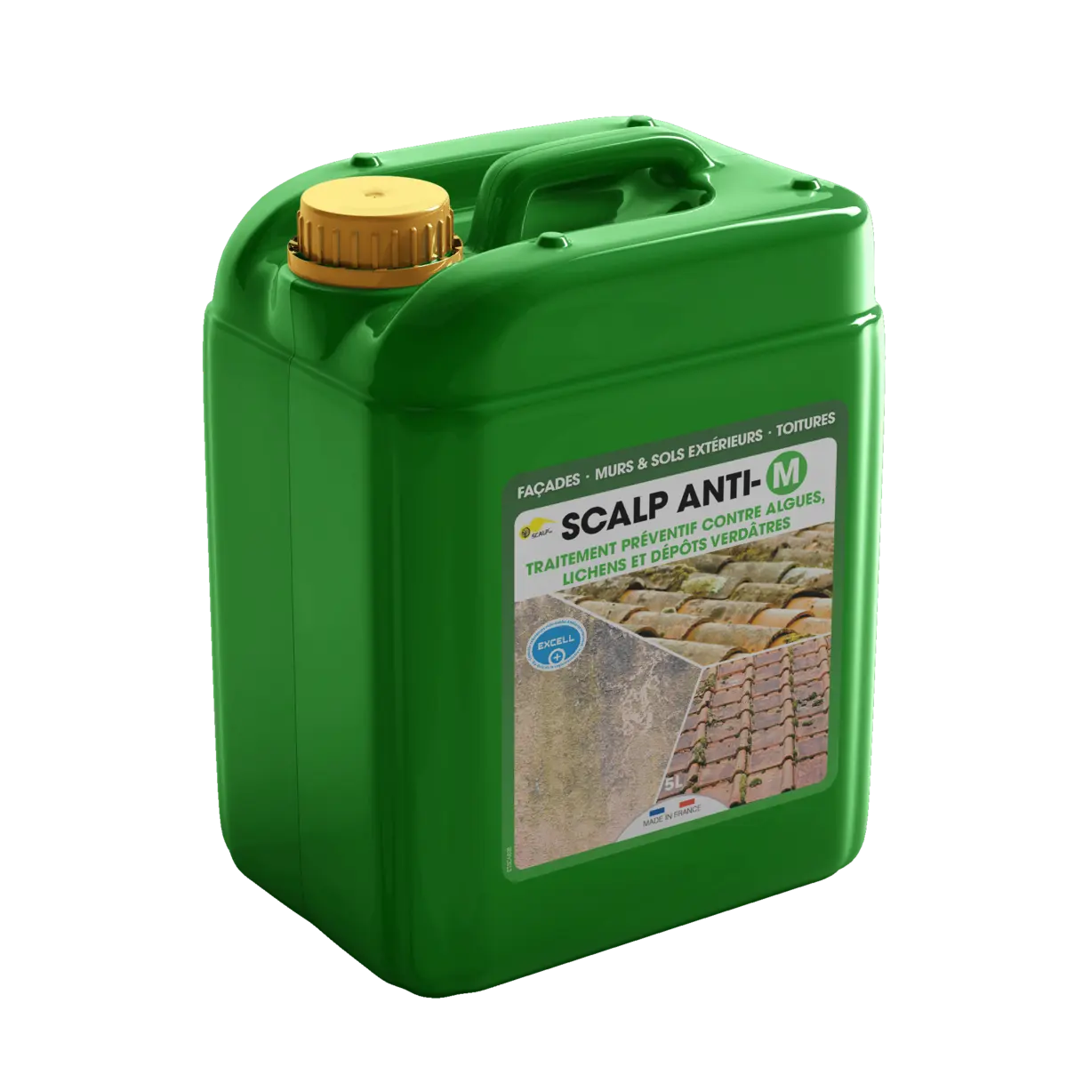 SCALP ANTI-M Tratamiento profesional SCALP ANTI-M: anti-depósitos verdes, fácil de aplicar, sin aclarado y compatible con drones, protege fachadas y tejados.