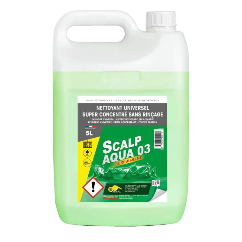 SCALP AQUA 03 es un limpiador desengrasante profesional para interiores y exteriores, ideal para limpieza industrial y renovación rápida.