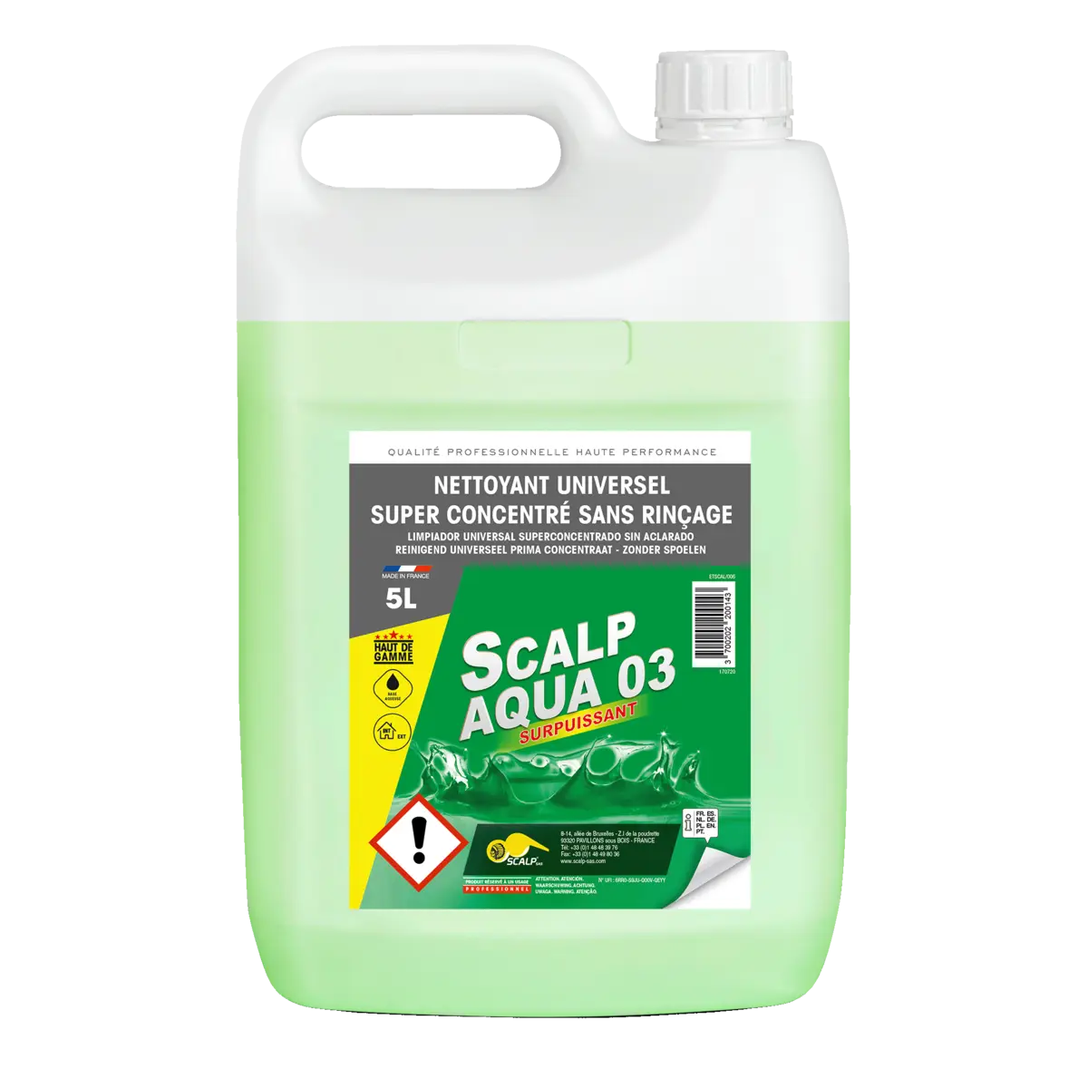 SCALP AQUA 03 es un limpiador desengrasante profesional para interiores y exteriores, ideal para limpieza industrial y renovación rápida.