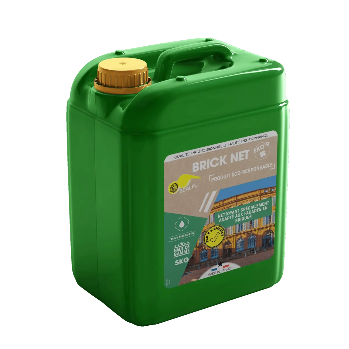 BRICK NET EKO’R limpia fachadas de ladrillo y superficies minerales de forma biodegradable, eliminando suciedad urbana y depósitos negros de manera eficaz.