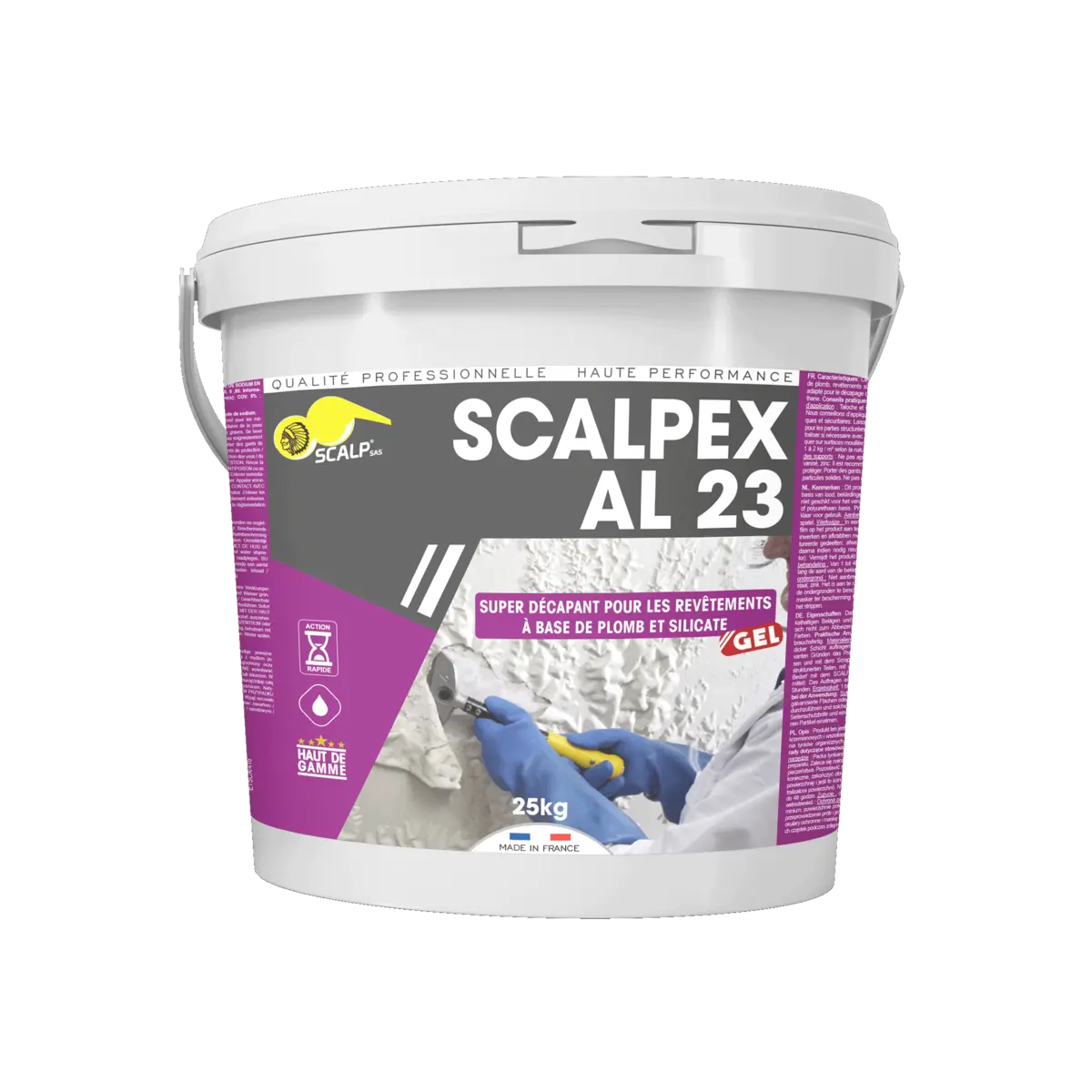 SCALPEX® AL 23 es un decapante profesional en gel para plomo y amianto. Seguro, sin polvo ni disolventes, eficaz en superficies verticales y biodegradable.
