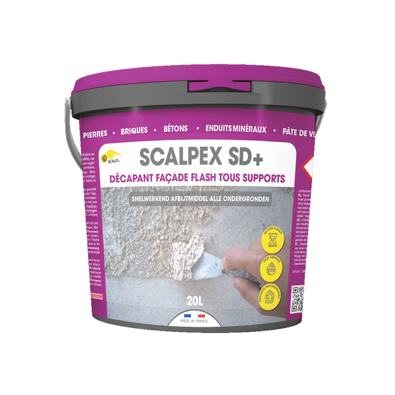 Decapante fachadas ultrarrápido SCALPEX® SD+ elimina pinturas, RPE, impermeabilizantes y grafitis de forma rápida, segura y profesional.