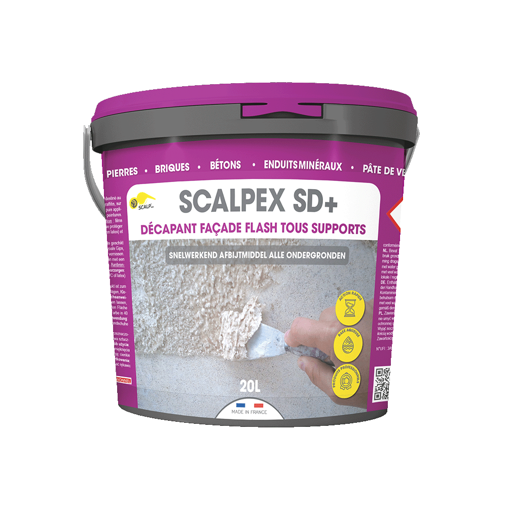Decapante fachadas ultrarrápido SCALPEX® SD+ elimina pinturas, RPE, impermeabilizantes y grafitis de forma rápida, segura y profesional.