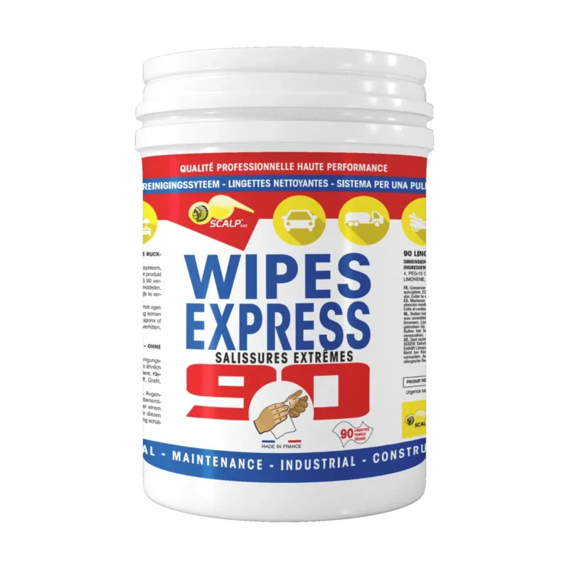 WIPES EXPRESS 90 SUCIEDAD EXTREMA limpia manos y superficies sin agua ni aclarado. Eficaz para construcción, industria, pintura y mecánica.