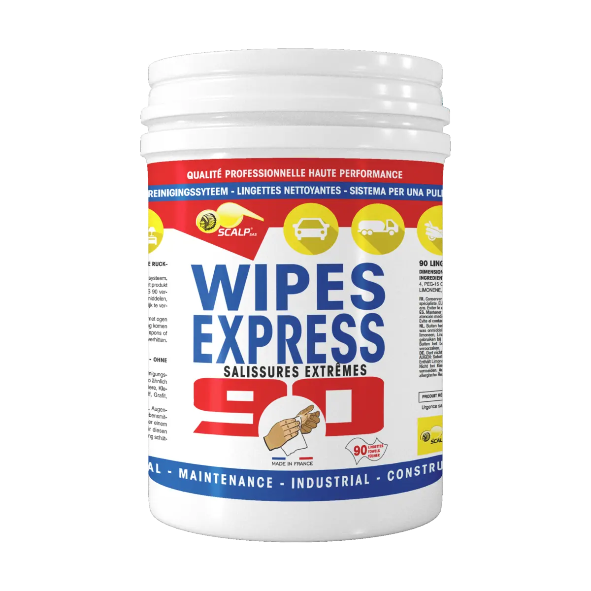 WIPES EXPRESS 90 SUCIEDAD EXTREMA limpia manos y superficies sin agua ni aclarado. Eficaz para construcción, industria, pintura y mecánica.