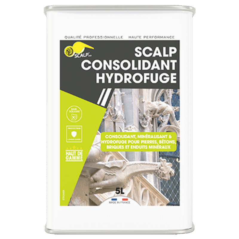SCALP CONSOLIDANT HYDROFUGE consolida y protege materiales porosos como piedra, ladrillo o hormigón. Protección duradera frente a humedad y contaminación.