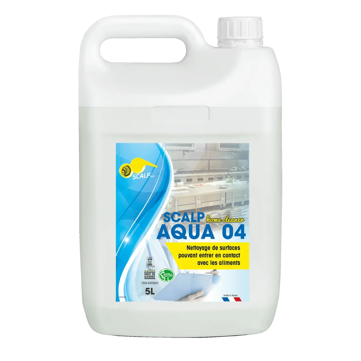 SCALP AQUA 04 limpia y desengrasa superficies en contacto con alimentos, rápido, seguro y biodegradable para cocinas industriales y colectividades.