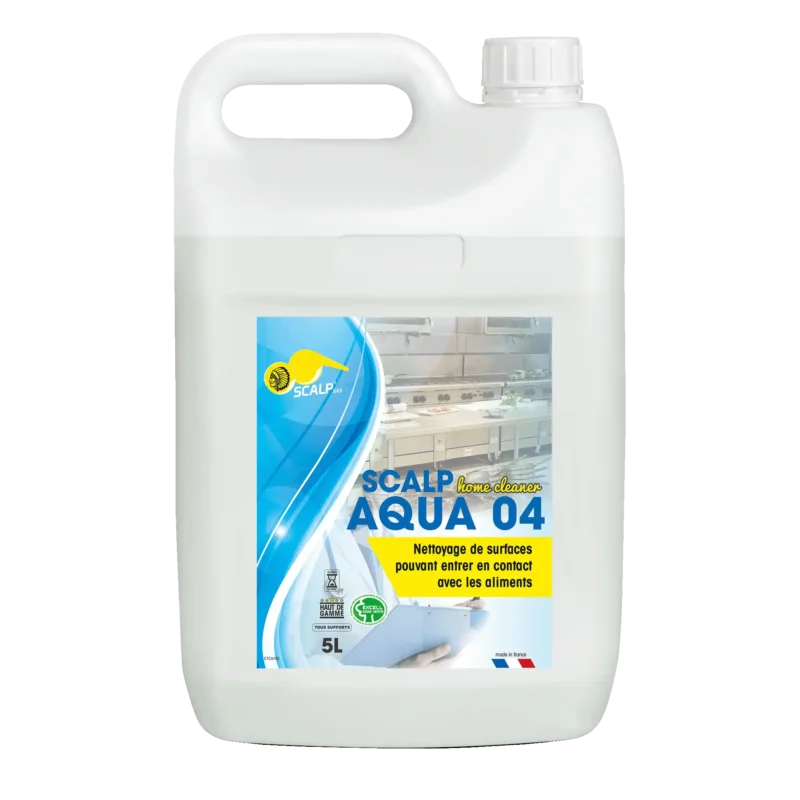 SCALP AQUA 04 limpia y desengrasa superficies en contacto con alimentos, rápido, seguro y biodegradable para cocinas industriales y colectividades.