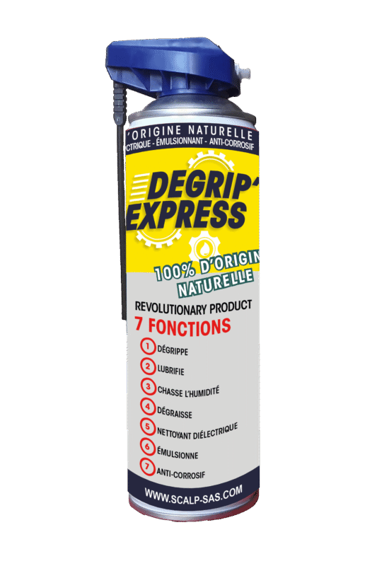 DEGRIP’EXPRESS, desengrasante natural multiusos, limpia, lubrica y protege contra la humedad y la oxidación. Compatible con todos los materiales.