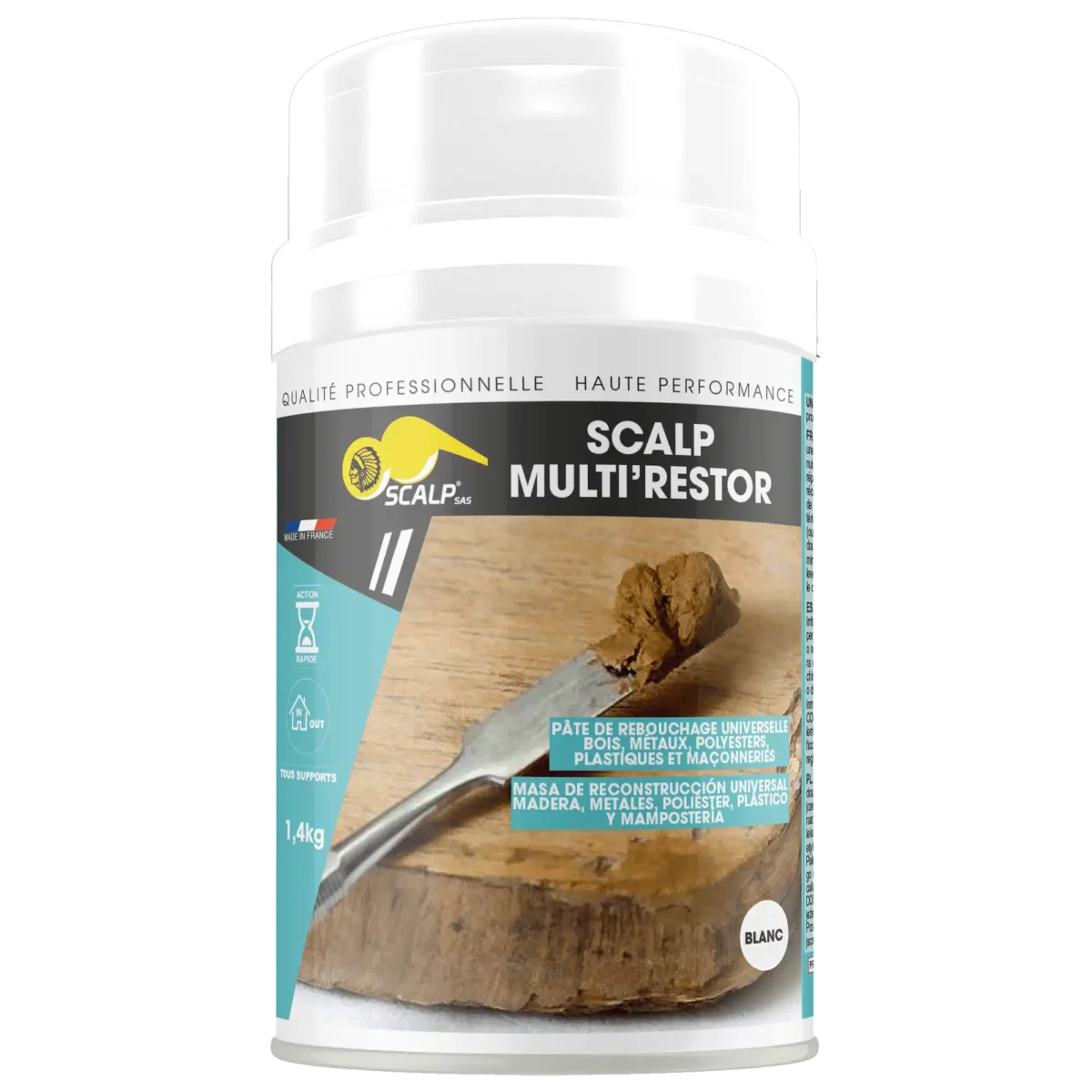 SCALP MULTI’RESTOR es una masilla reparadora multiusos para madera, metal, plástico y mampostería. Fijado rápido, fácil aplicación y repintable.