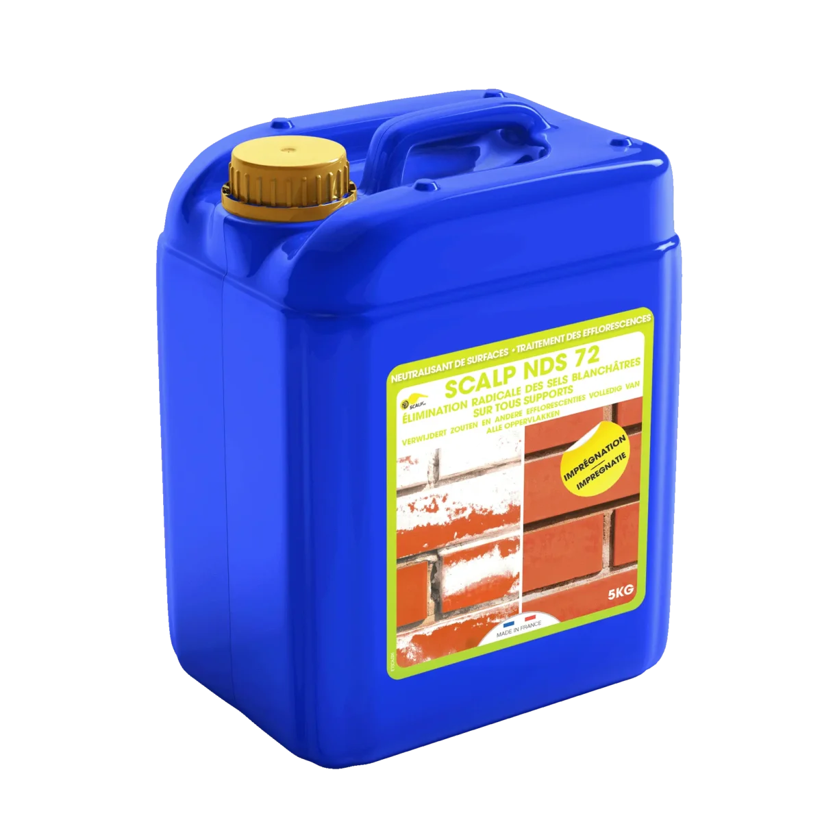 SCALP NDS 72 elimina las eflorescencias y neutraliza residuos alcalinos en fachadas, ladrillo, piedra y hormigón. Tratamiento antisalitre eficaz y duradero.