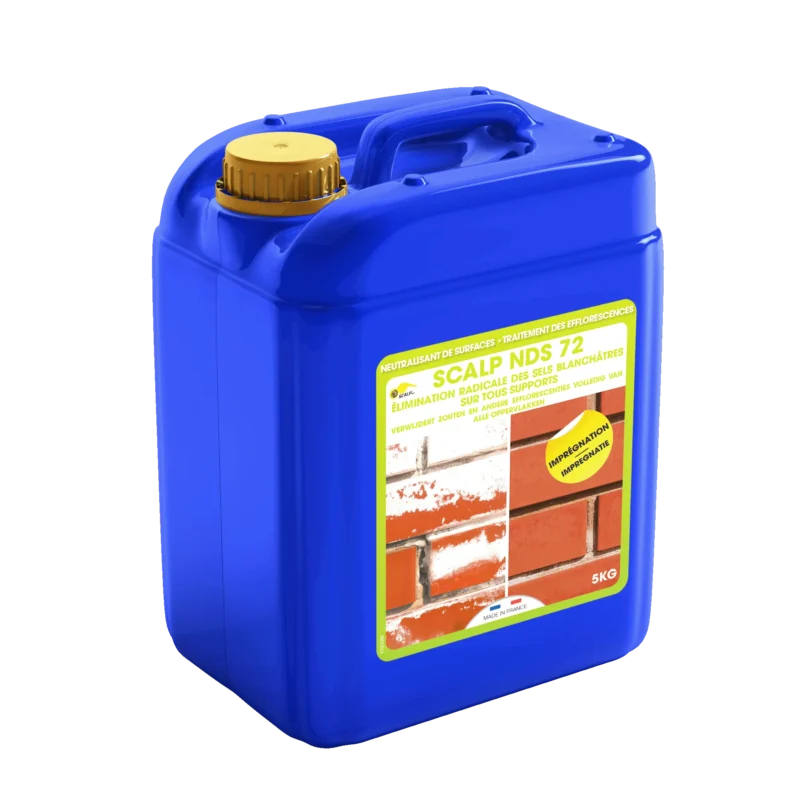 SCALP NDS 72 elimina las eflorescencias y neutraliza residuos alcalinos en fachadas, ladrillo, piedra y hormigón. Tratamiento antisalitre eficaz y duradero.