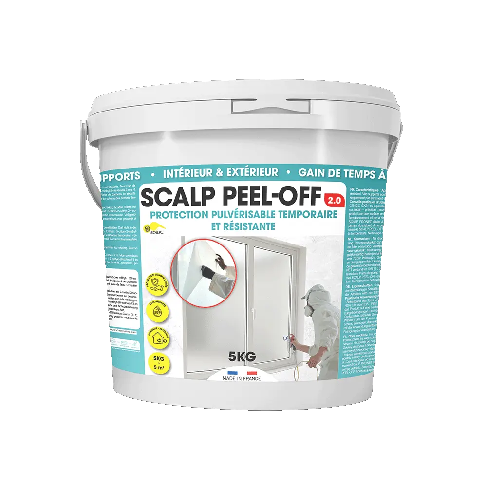 SCALP PEEL-OFF protege temporalmente paredes, fachadas y mobiliario de arañazos, pintura y mortero. Flexible, transparente y fácil de retirar.