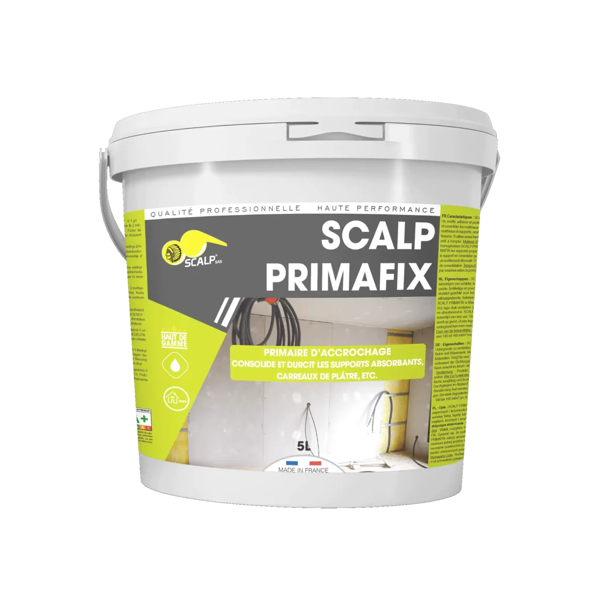 SCALP PRIMAFIX es una imprimación multiusos que refuerza, endurece y prepara sustratos para pintura, revocos o adhesivos, asegurando durabilidad y adhesión.