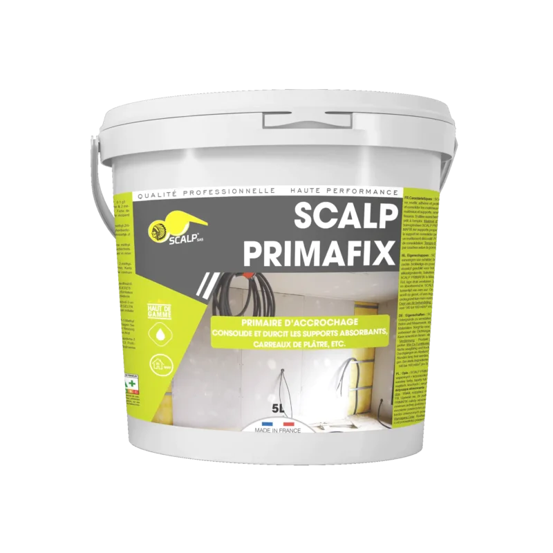 SCALP PRIMAFIX es una imprimación multiusos que refuerza, endurece y prepara sustratos para pintura, revocos o adhesivos, asegurando durabilidad y adhesión.