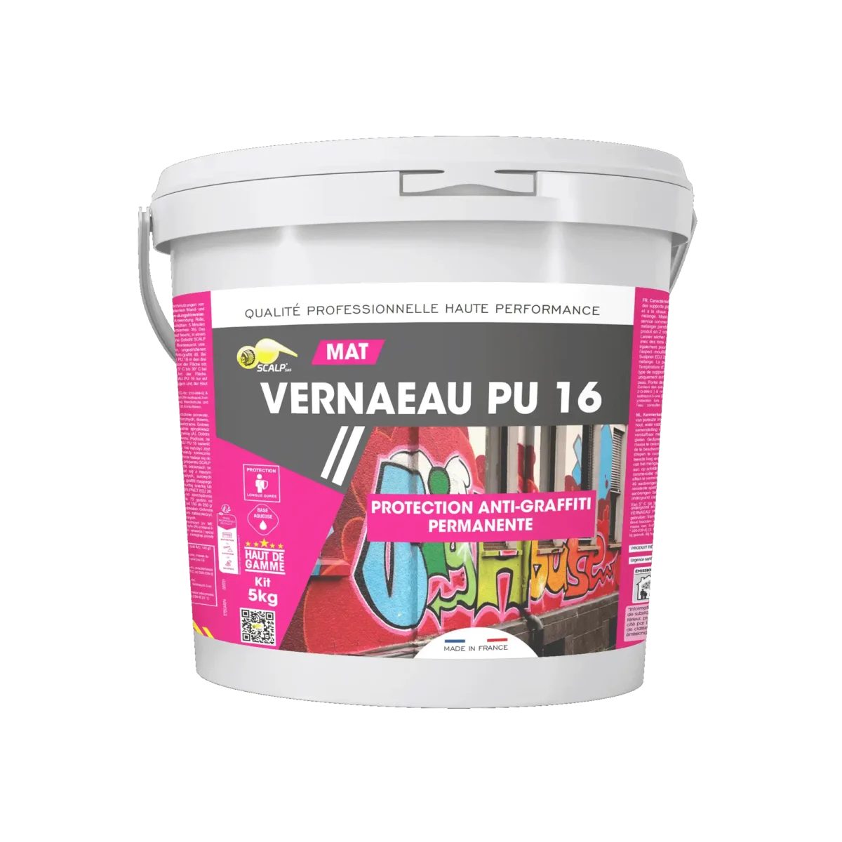 VERNAEAU PU 16 ofrece protección antigraffiti permanente, transparente y bicomponente para interiores y exteriores, con acabado mate o brillante.