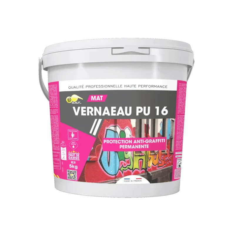 VERNAEAU PU 16 ofrece protección antigraffiti permanente, transparente y bicomponente para interiores y exteriores, con acabado mate o brillante.