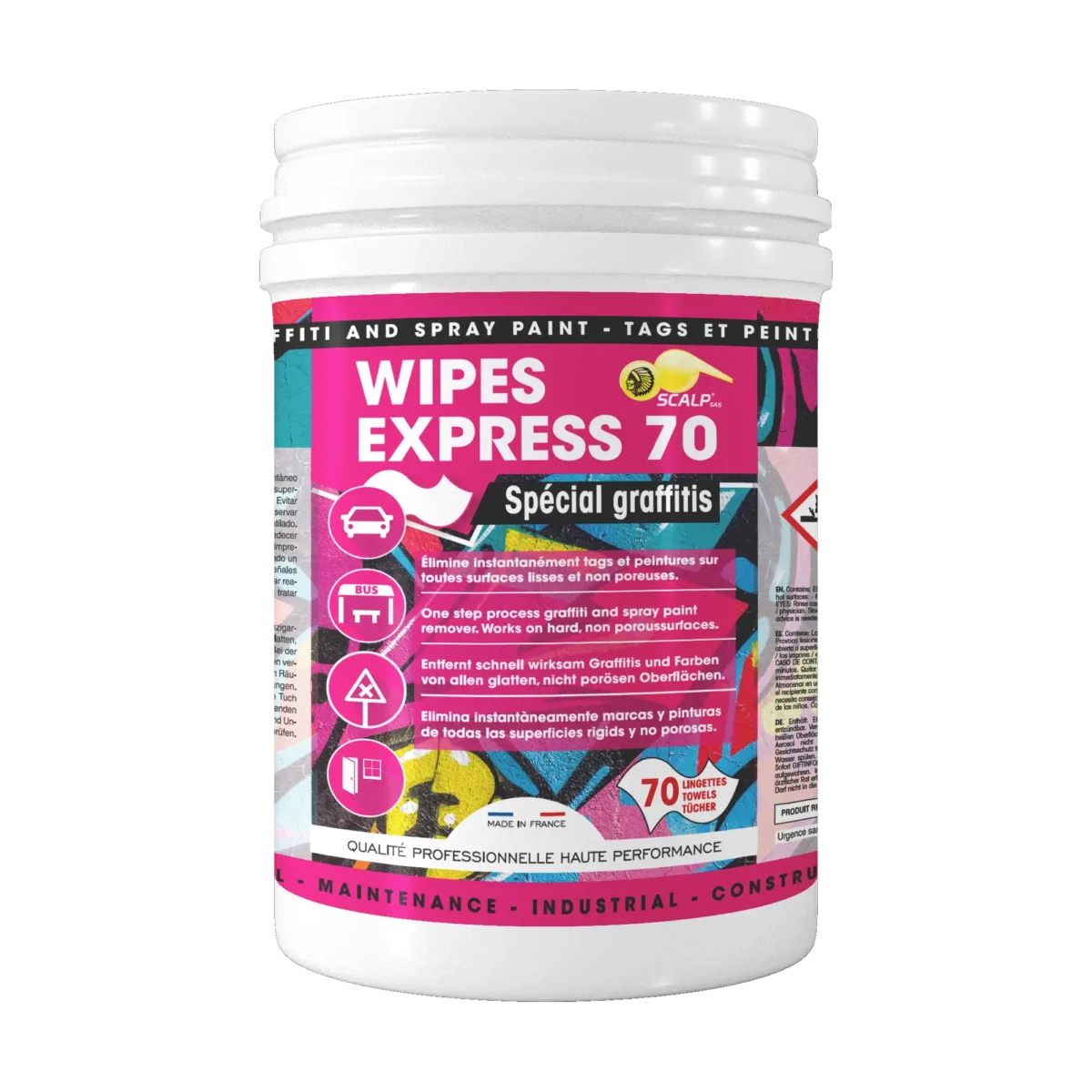 WIPES EXPRESS 70 elimina grafitis, tinta y rotuladores de superficies lisas rápida y fácilmente, sin aclarado y listo para usar.