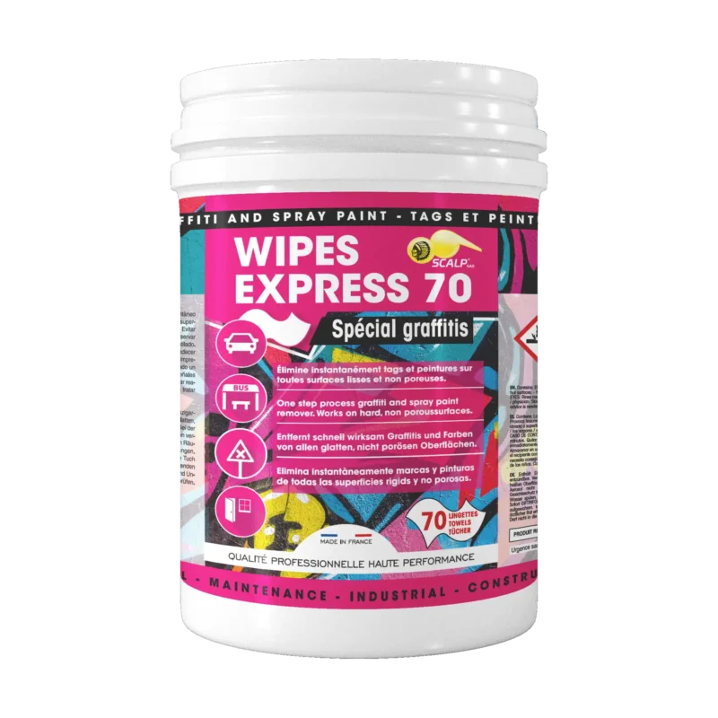 WIPES EXPRESS 70 elimina grafitis, tinta y rotuladores de superficies lisas rápida y fácilmente, sin aclarado y listo para usar.