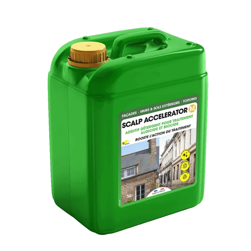 Potencia la eficacia de tratamientos algicidas y biocidas con SCALP ACCELERATOR-M. Resultados rápidos sobre algas, líquenes y suciedad.